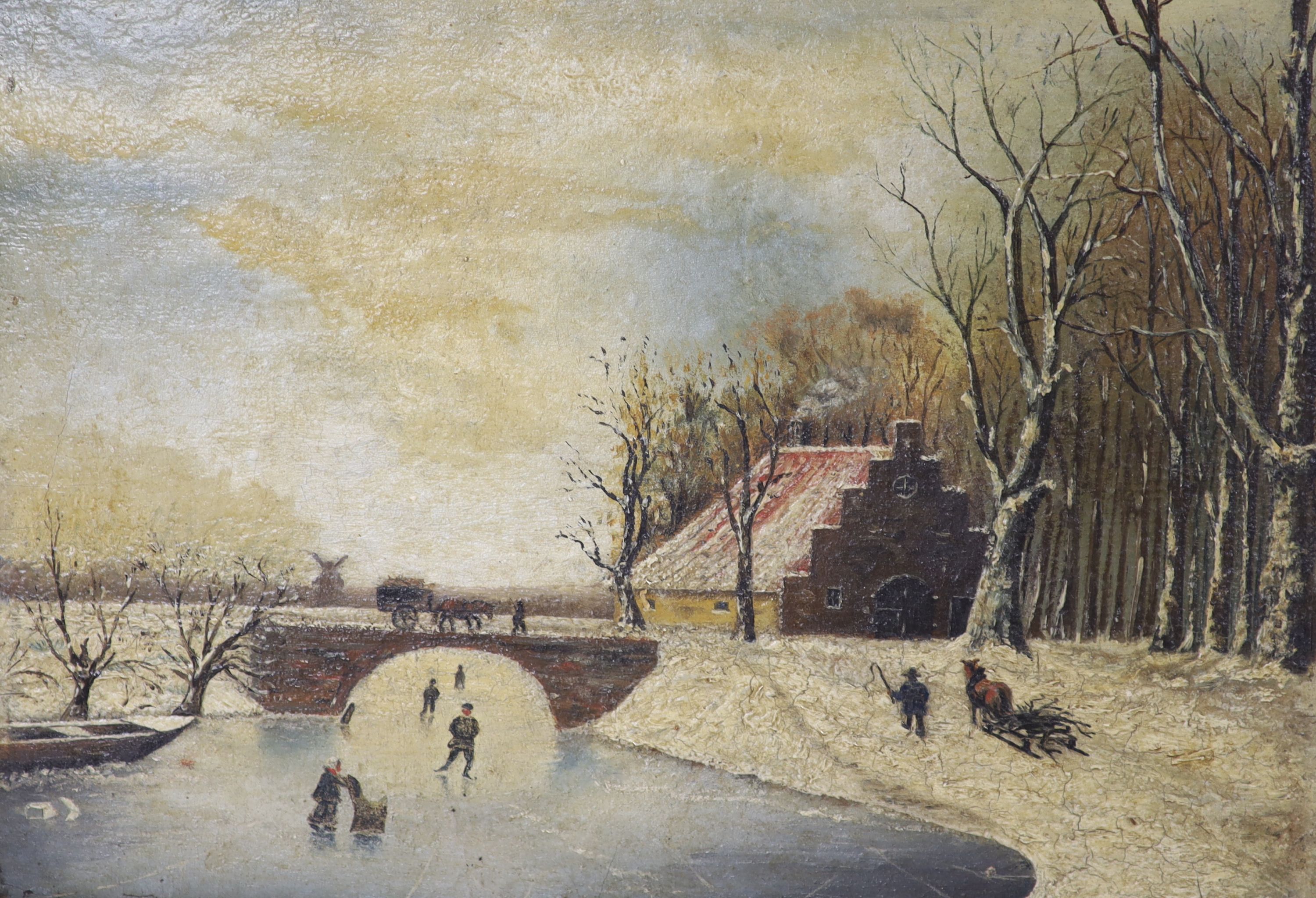 19th century Dutch School, oil on board, Winter landscape with figures on a frozen river, 17 x 25cm